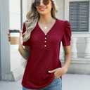 LOMON Womens Puff Short Sleeve Shirt Summer Tops V Neck Casual T Shirts Loose Fit Blouses (Red, S)