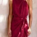 PRETTYGARDEN Women's Short Formal Satin Dress Summer Sleeveless Mock Neck Tie Waist Cocktail Party Dresses (Red, L)