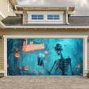 HOMETITUTE Halloween Garage Door Cover 13x6ft Scary Skeleton Night Scene Garage Decoration Outdoor Halloween Banner Spooky Pumpkin Backdrop for Haunted House Yard Trick or Treat Door Decor