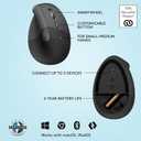 Logitech Lift Vertical Ergonomic Mouse, Wireless, Bluetooth or Logi Bolt USB Receiver, Quiet clicks, 4 Buttons, Compatible with Windows/macOS/iPadOS, Laptop, PC - Graphite