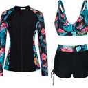 JASAMBAC Women 3 Piece Rash Guard Long Sleeve Zip Up Swimsuits with Boyshort UV UPF 50+ Swim Shirt Built in Bra (Medium, Black-blue Red Floral)