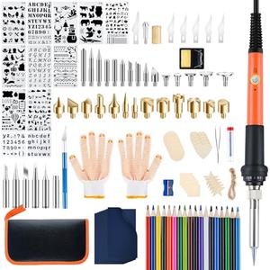 Fohil Wood Burning Kit for Adults with Gloves, 130pcs Wood Burning Pen Tool Set with Adjustable Temperature 200~450 °C Switch Pyrography Pen Kit for Embossing Carving Soldering