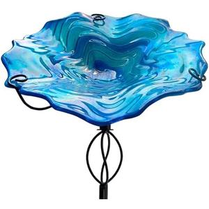 HONGLAND Bird Baths for Outside,11" Small Blue Glass Birdbaths Outdoor,Detachable Bird Feeder with Metal Stake for Garden Yard Patio Decor,32" Height