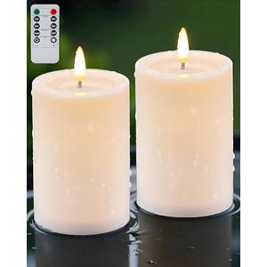 Gmnee 3"x4" Outdoor Waterproof Flameless Candles with Remote and Timers, LED Candles, Battery Operated Candles, Electric Fake Pillar Candles for Patio, Porch, and Lanterns Decor (Ivory, Plastic)