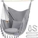 Y- STOP Hammock Chair Hanging Rope Swing, Max 500 Lbs, 2 Cushions Included, Large Macrame Hanging Chair with Pocket for Superior Comfort, with Hardware Kit (Light Grey)