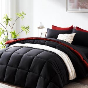 COZYART Full Comforter Set 7 Pcs, Black and Red Bed in a Bag, All Season Lightweight Soft Reversible Bedding Sets, 1 Comforter, 1 Flat Sheet, 1 Fitted Sheet, 2 Pillow Shams, 2 Pillowcases
