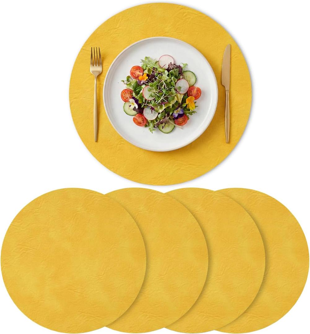 Artoid Mode Yellow Faux Leather Placemats Set of 4, 15 Inch Waterproof Wipeable Heat Resistant Vinyl Place Mats, Reversible Table Mats for Summer Kitchen Dining Decor