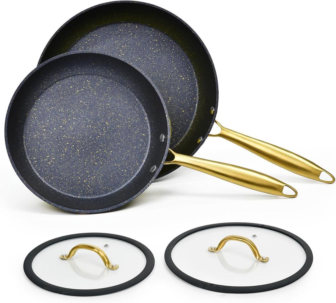 Frying Pan Set No stick with Lids, 2 Pieces 9.5 inch and 11 inch Nonstick Granite Skillet with Lids and Golden Steel Handle Chef's Pan Cookware Set, Oven Safe