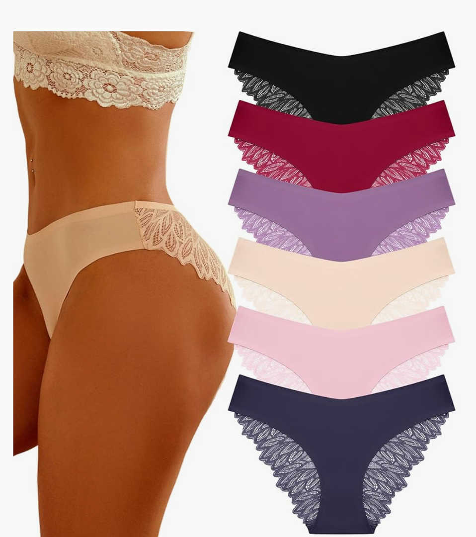 FINETOO 6 Pack Sexy Underwear for Women Silky Seamless No Show Panties Ladies Lace Bikini Lightweight Cheeky Hipster L
