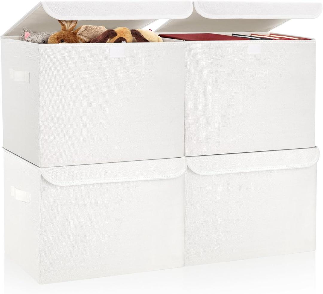 Large 22 Quart Linen Fabric Foldable Storage Bin Cube Organizer Basket with Flip-Top Lid & Handles, Clothes Blanket Box for Home, Office, Closet, White, 4 Pack 14.6 x 9.5 x 9.5