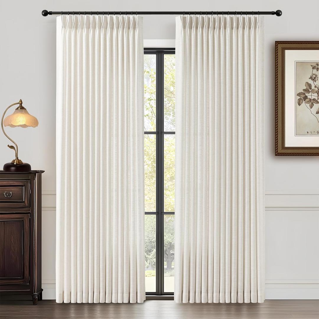 YZ HOME Pinch Pleated Linen Curtains 84 Inches Long for Living Room, Natural Light Filtering Pleat Semi-Sheer Drapes with Back Tab & Hooks Memory Trained Cream Window Curtain for Bedroom, 2 Panels