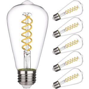 ST19(ST58) LED Edison Bulb, Vintage,6 Pack,Natural White 4000K, Antique Flexible Spiral LED Filament Light Bulb, Dimmable, 600LM, 6W Equivalent to 60W, E26 Base,Clear Glass