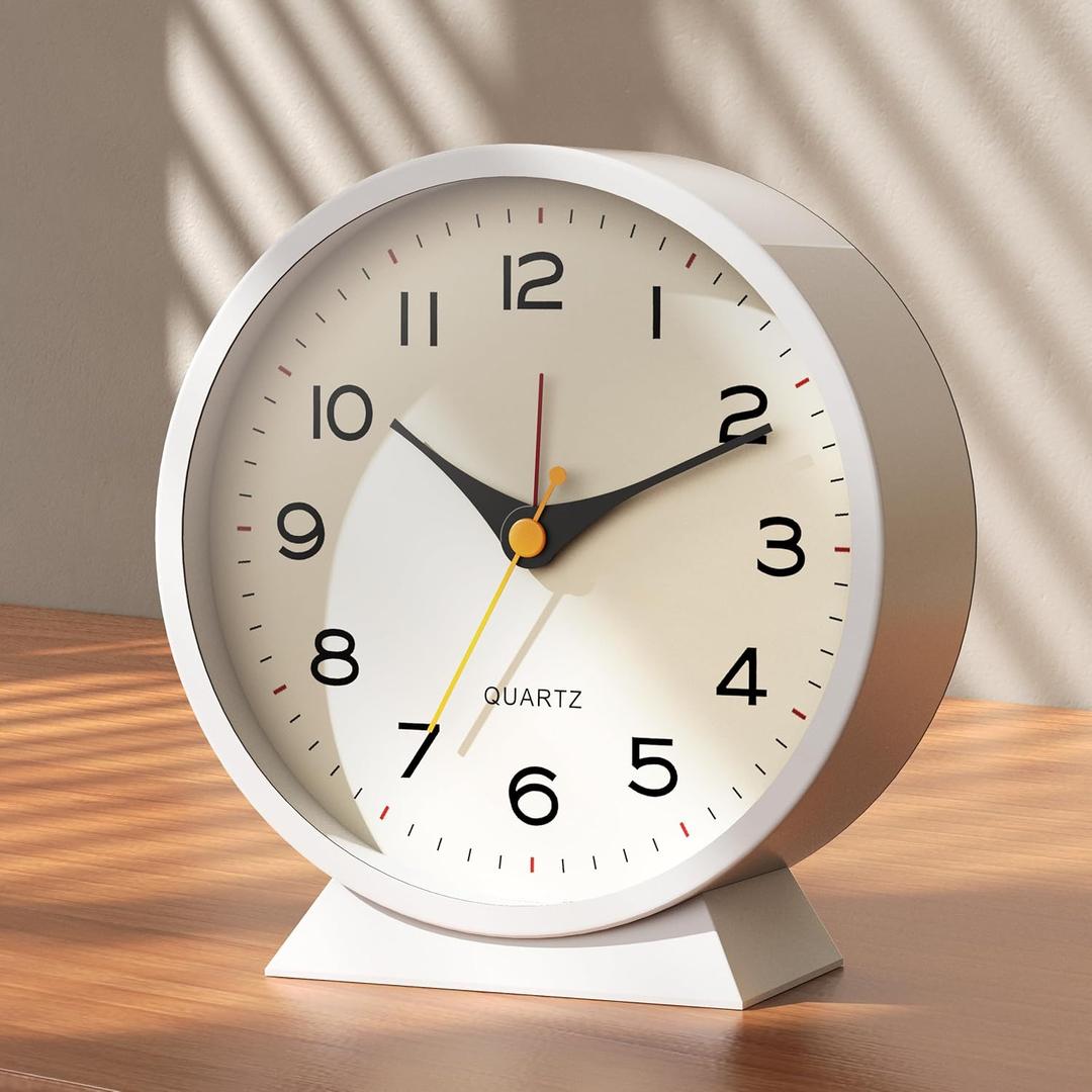AYRELY 4.5" Analog Alarm Clock,Small Retro Desk Clock Battery Operated,Slient Metal Table Clock with Light for Living Room Decor,Bedroom,Bedside,Shelf (White)