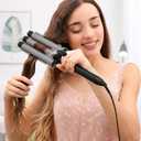 Three Barrel Curling Iron 1 Inch with LED Display, 15 Heat Settings 180-430F, Tourmaline Ceramic Triple Hair Waver for Beach Waves, Dual Voltage 110-240V, Auto Shut-Off, Glove Included, Gray