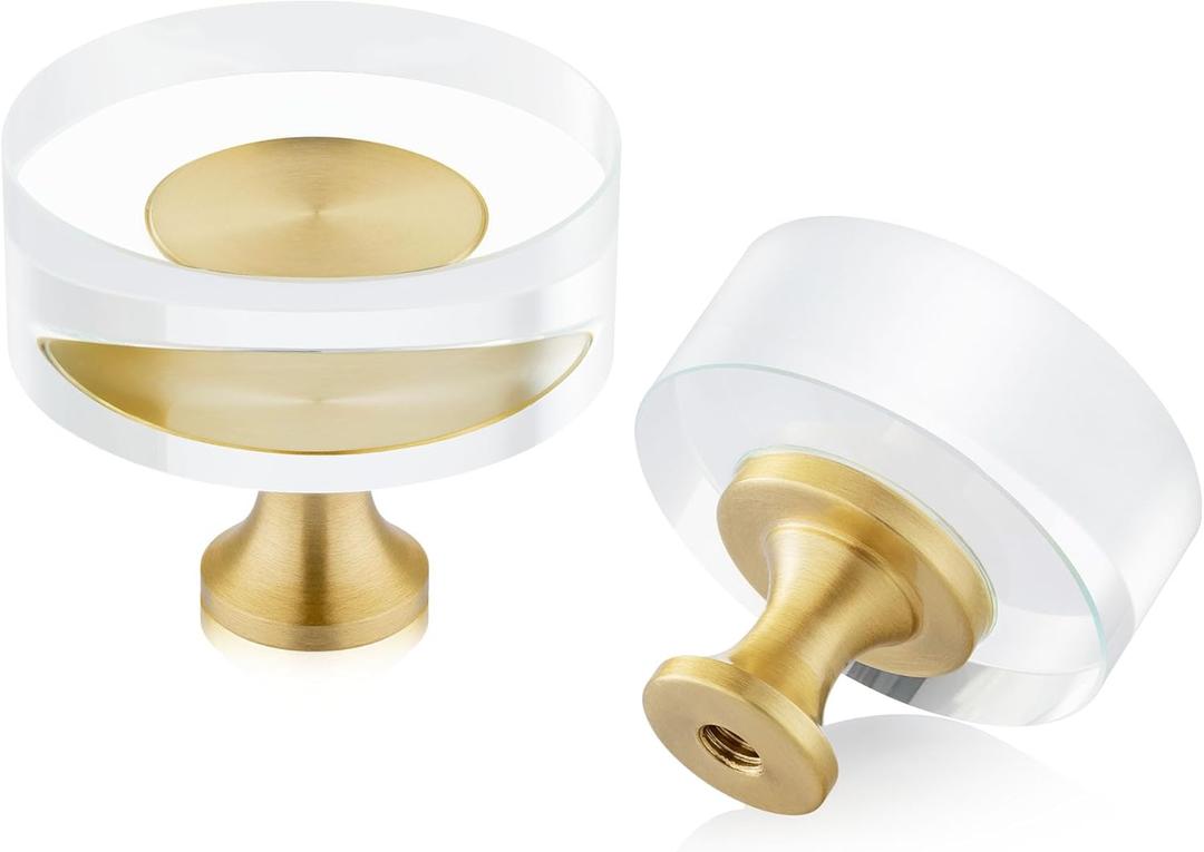 QOGRISUN 5-Pack Brass Crystal Cabinet Knobs, Glass Crystal Gold Drawer Knobs,1-1/4-Inch Round, Decorative Dresser Pulls, Modern Cabinet Hardware