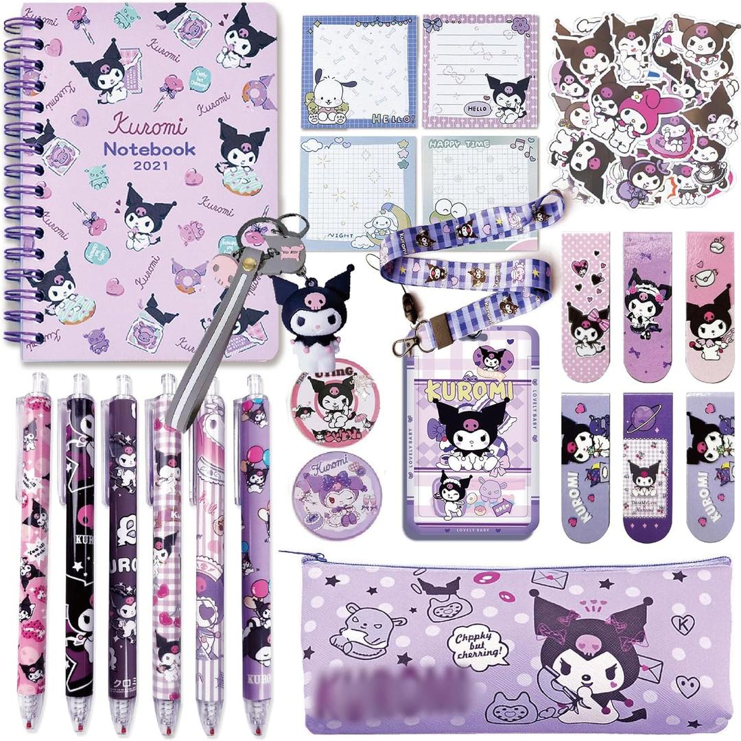 Cute Stationery Gift Set Kawaii Back to School Including Notebook Pencil Cas Ballpoint Pen ID Badge Holder Stickers Key Chain Bookmark purper