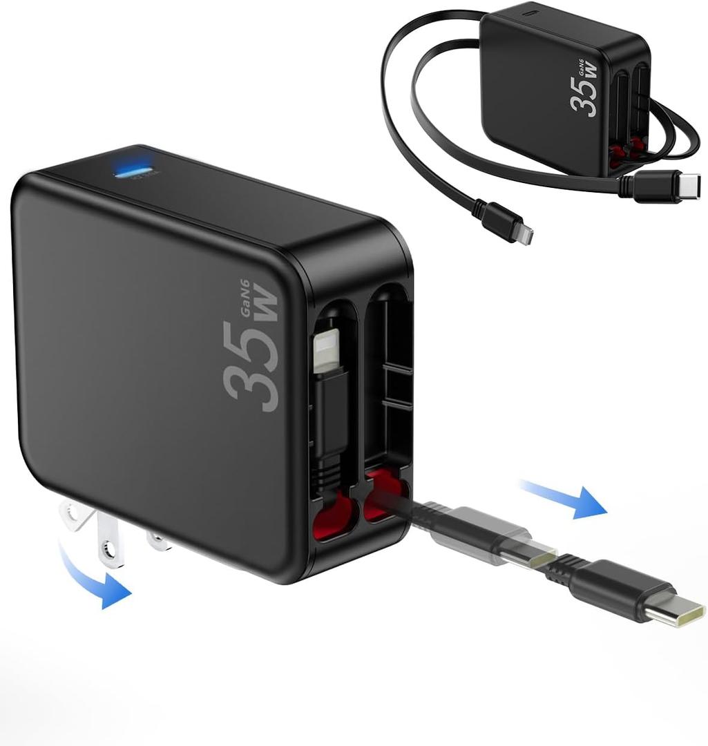 Retractable Wall Charger with Retractable Type-C and Lightening Cables, 35W PD Fast Portable Charger USB-C Block Adapter with Foldable Plug for iPhone 16/ 15, Galaxy, Pixel, iPad and Multiple Devices Retractable Wall Charger with Retractable Type-C and Lightening Cables, 35W PD Fast Portable Charger USB-C Block Adapter with Foldable Plug for iPhone 16/ 15, Galaxy, Pixel, iPad and Multiple Devices
