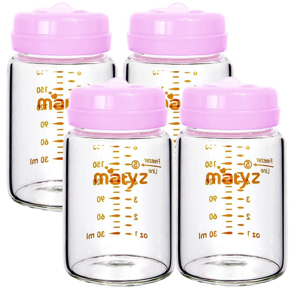 Matyz 4-Pack Breast Milk Collection Bottles (Pink, 6 Oz Each) - No BPA Glass Milk Storage Bottles with Lids - Suitable for Philips Avent & Medela Spectra Pumps
