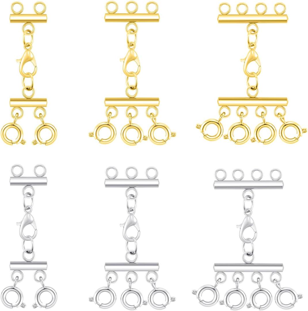 Multi Strand Necklace Layering Clasp, Necklace Layering Clasp 18K Gold and Silver Multi Strand Clasps for Stackable Necklaces (6pcs Golden Silvery)