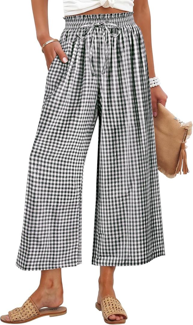 ANRABESS Womens Striped Gingham Palazzo Capri Pants Pajama Wide Leg Lounge Trousers Plaid Cute Crop PJ Bottoms with Pockets (Large, Black White Plaid)