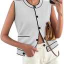 Yousify Sweater Vest Women Casual White Tops Button Down Cardigan Fitted Sleeveless Shirts Summer Tops 2025 with Pockets, Size Large