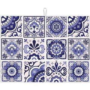 Talavera Mexican Tiles Dish Drying Mats for Kitchen Counter, Absorbent Reversible Microfiber Dish Drying Pad, Multi-Use Large Drying Mat Coffee Bar Accessories 18"x24"