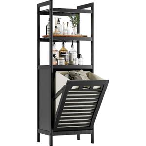 HITNET Tilt Out Laundry Hamper, Bamboo Bathroom Cabinet with Pull Out Removable Bag and 3 Tier Storage Shelves, 10 Gal Clothes Basket with Metal Handle, Black, 40 cm x 119 cm x 30 cm