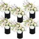 Party Table Centerpieces - Set of 6 Pre-Made Daisy Floral Arrangements with Black Metal Vase for Birthday, Baby Shower, Events Celebration Decorations - Ivory White & Rose Gold