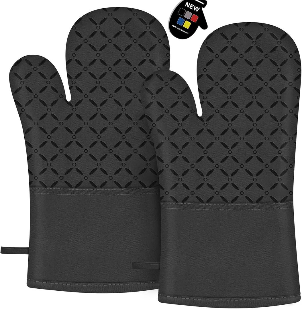 Oven Mitts, Oven Gloves Heat Resistant 500F with Non-Slip Silicone Surface Pot Holders, Kitchen Mitt with Soft Cotton Lining for Baking, Cooking, BBQ, Black, 1 Pair