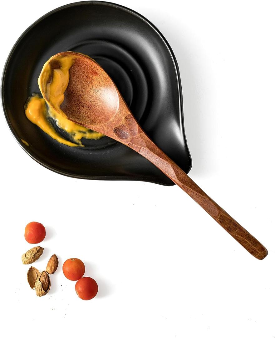 LAUCHUH Spoon Rest for Stove Top, 5 inch Large Cooking Spoon Holder for Kitchen Countertop Ceramic Ladle Holder for Spatula, Tong, Heat-Resistant, Farmhouse Kitchen Decor for Mothers Day, Black