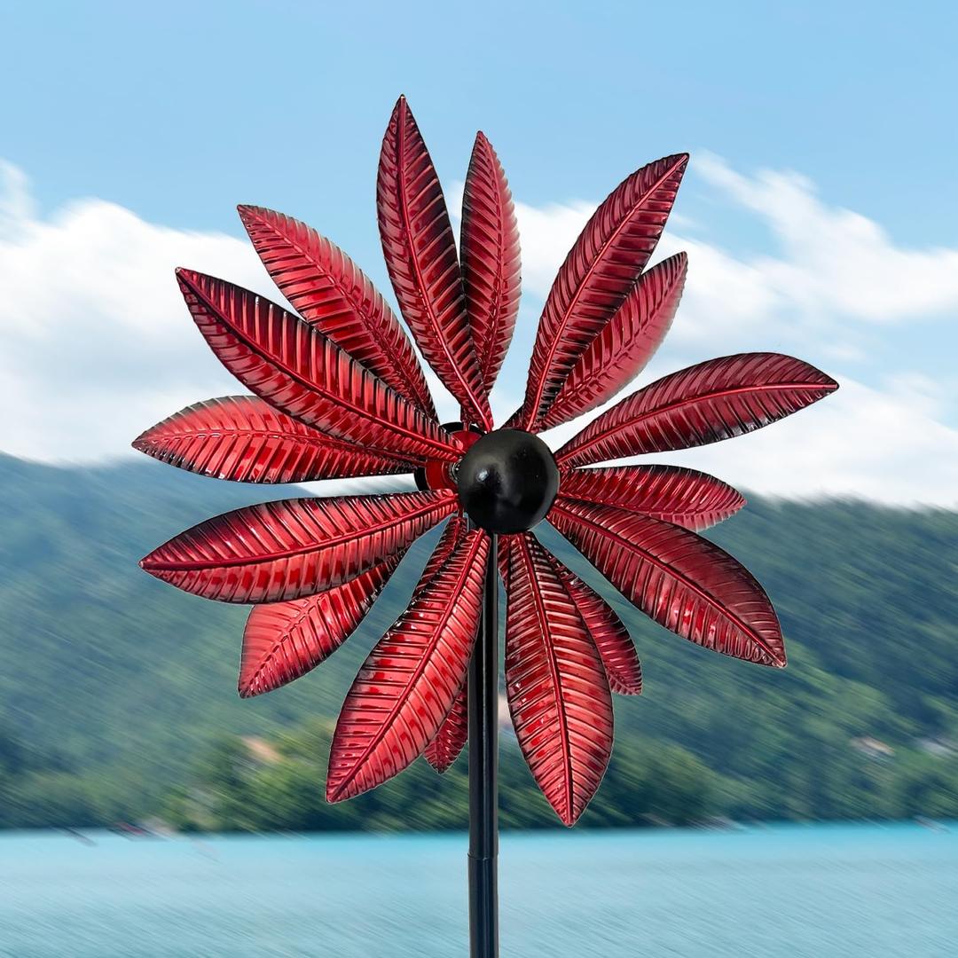 Wind Spinners Outdoor Metal, Double-Sided 360 Kinetic Wind Spinner with Stake, Metal Garden Yard Windmill Decor (13.4" Dia, 57" H) (Red Leaf)