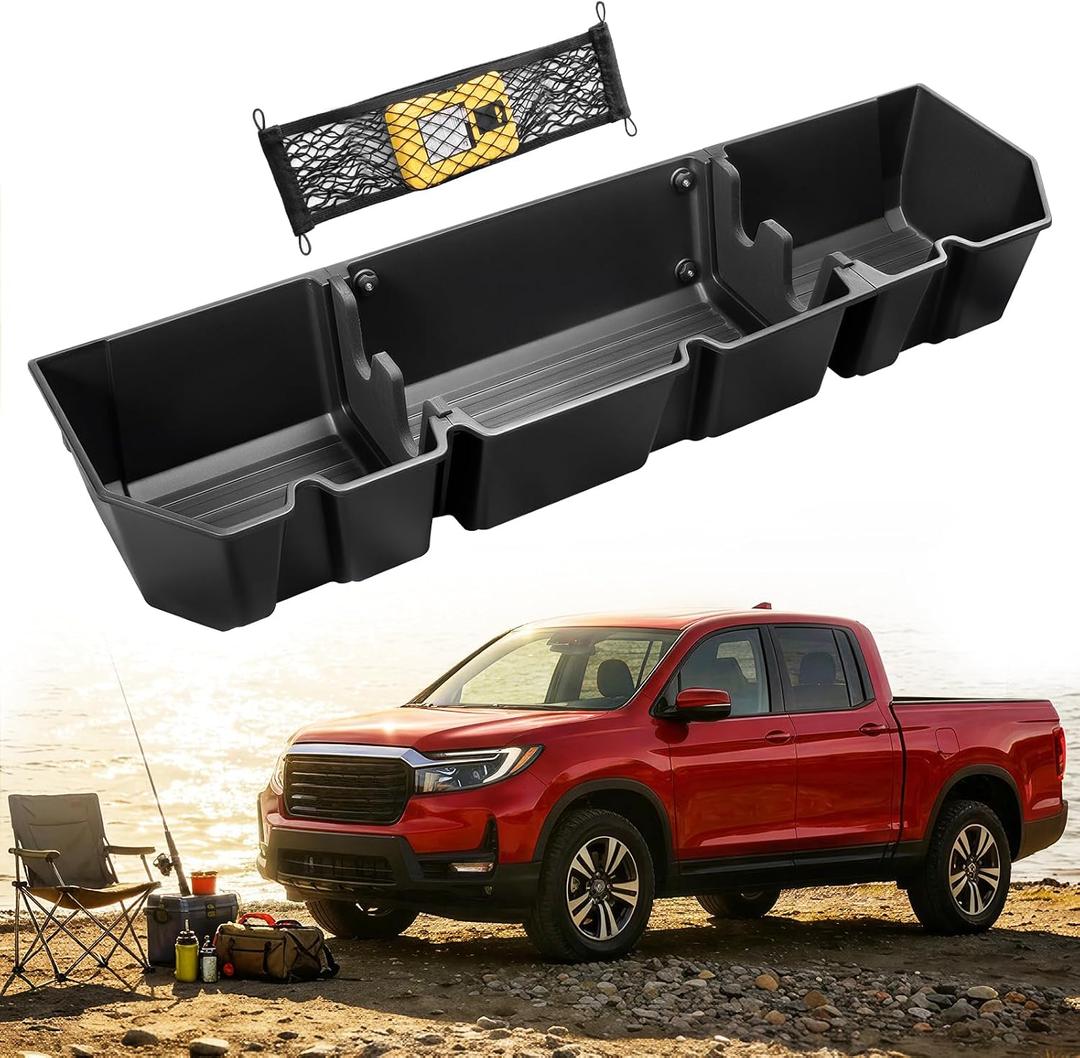 Under Seat Storage for Honda Ridgeline: 2006-2026 Crew Cab, Truck Second-Row Underseat In-Cabin Storage Bin for Ridgeline, Car Accessories Rear Under-Seat Organizer Tool Box for Ridgeline(w/ Mesh Net)