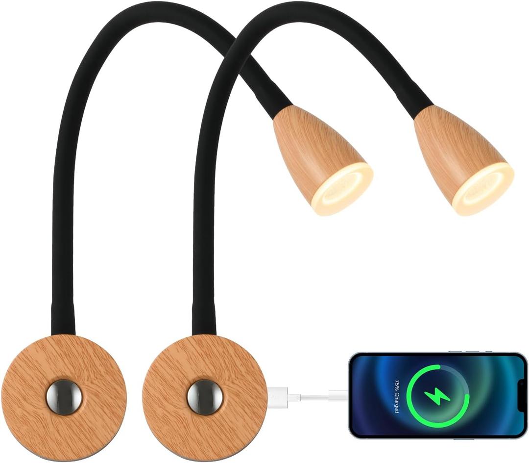 12v Reading Light, RV Dimmable Reading, RV Lighting with USB Charger, Wood Grain Color,12 Volt Flexible Gooseneck Wall Lamp (2Pack, 3000K-3200K)