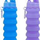 Collapsible Water Bottles Travel water bottle Sports Portable Sport Water Bottle Reusable Water Bottles comes with mountaineering Buckle 500ml silicone Water-proof camping water bottle (Blue+Purple)