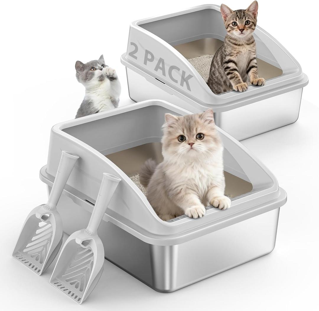 2 Pack Stainless Steel Litter Box for Kitty | Metal Kitty Litter Box with Lid High Sided for Small Cats or Injured Cats, Bunny Litter Boxes, Low Entry, Odor-Free, Non-Stick,Includes Scoop