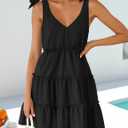 ZESICA Womens 2026 Summer Casual V Neck Sleeveless Mini Dress Tie Shoulder Tiered Ruffle Swing A Line Short Sundresses (Black, S)