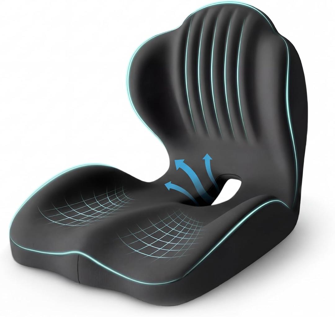 Ergonomic Waist Support and Seat Cushion, 2-in-1 Memory Foam Pad, Hollow Design for Coccyx, Suitable for Office Chairs, Car Safety Seats and Household Use - Relieves Lower Back and Hip Pain (Black)