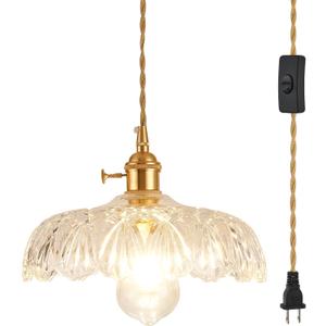 Glass Plug in Pendant Light,Vintage Copper Lamp Holder Hanging Lamp,Pendant Light for Kitchen Island, Bedroom, Dining Room, Living Room (9.65in)