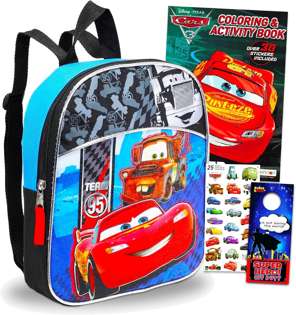 Disney Cars Backpack for Toddlers ~ Deluxe 11" Mini Cars Preschool Backpack for Kids Bundle with Cars Stickers, Coloring Book, and Beach Kids Door Hanger