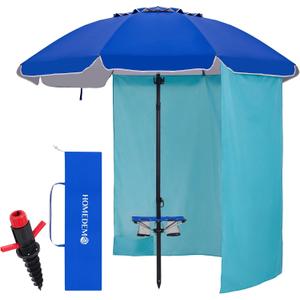 HOMEDEMO 7FT Beach Umbrella with Table & Anchor, Heavy Duty Windproof with UPF 50+ Sun Protection, Outdoor Umbrellas with Adjustable Aluminum Pole