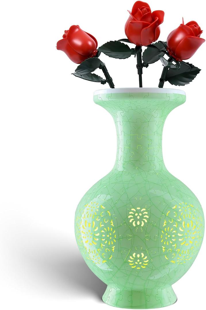 3D Puzzles Vase for Adults, 200 Pieces Plastic DIY Unique Flower Vase with LED Light House Warming Gift Birthday Gifts for Flower Arrangements and Home Decor (C- Mint Jade)
