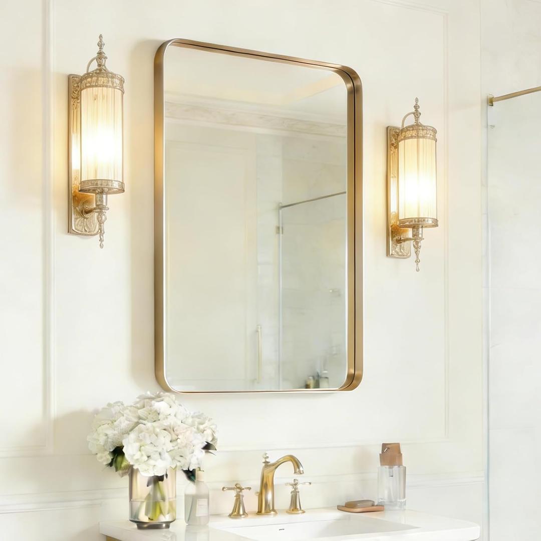 USHOWER Gold Bathroom Mirror 24"x36", Brushed Gold Rounded Rectangle Mirror for Over Sink, Aluminum Frame, Anti-Rust, Tempered Glass, Horizontal or Vertical Mounted