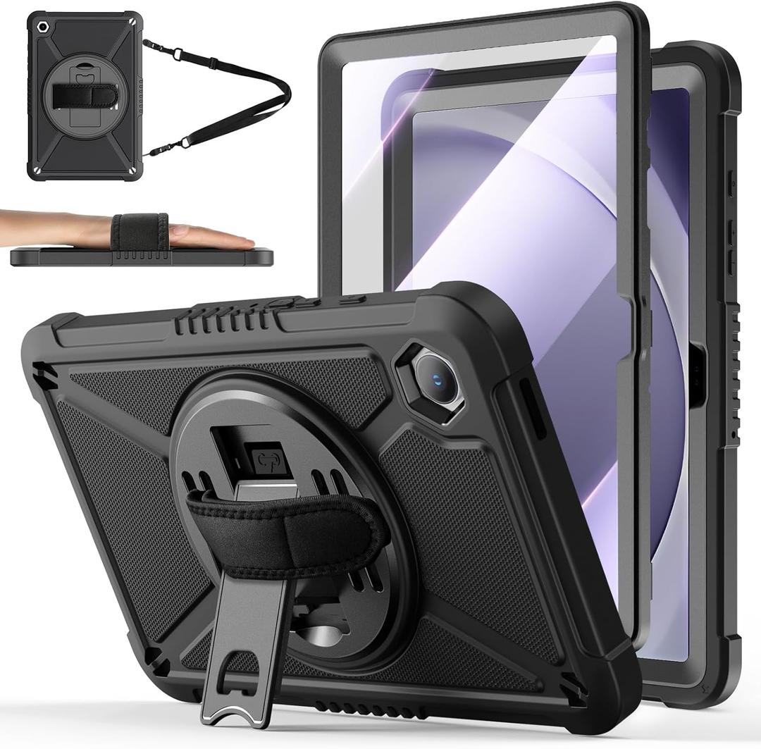 ZtotopCases for Samsung Galaxy Tab A9+ / a9 Plus 11'' 2023 (SM-X210/X216/X218), Shockproof Hard Duty Case with Screen Protector+360 Rotating Hand Strap&Stand+Shoulder Strap for Tab A9+ Tablet, Black (A9 11Inch)
