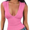 Womens Halter Deep V Neck Tank Tops Sleeveless Sexy Plunge Basic Summer Y2k Crop Top (Pink, L)