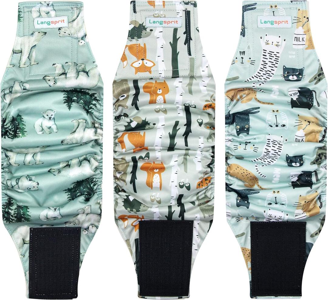 Langsprit Male Belly Bands for Dogs (Pack of 3) - High Absorbing Dog Wraps Male Washable - Reusable Dog Diapers (Fox, Cat, Polar Bear, Medium)