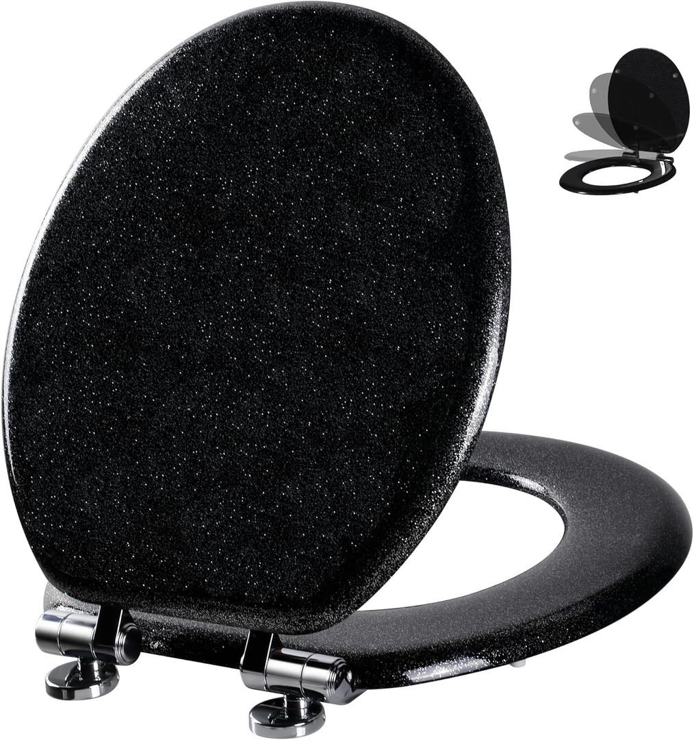 Angol Shiold Glitter Toilet Seat Molded Wood Round Toilet Seat with Quietly Close and Quick Release Hinges, Easy to Install also Easy to Clean (Round 16.5'', Black)