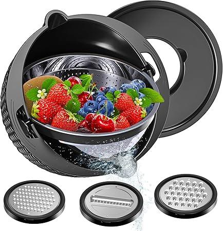 E-far Colander with Mixing Bowl Set, 4-1 Stainless Steel Colander Strainers Bowl with Graters for Kitchen, Rotatable Food Strainer Bowl for Rinsing Fruits Vegetables/Draining Pasta - Black