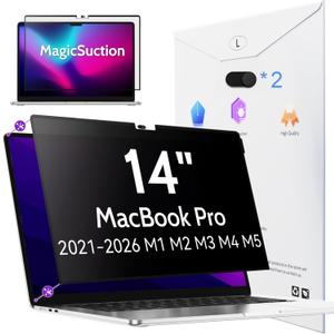 Peslv Privacy Screen for MacBook Pro 14 Inch (2021-2026, M1, M2, M3, M4, M5), MagicSuction Removable Anti Spy Black Protector, Glare Blue Light Filter for Mac Laptop Computer