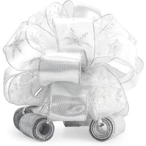 Christmas Tree Topper Bow - Bow: 11" sq. - Tails: 3 Yards Long Each - Silver Snowflake