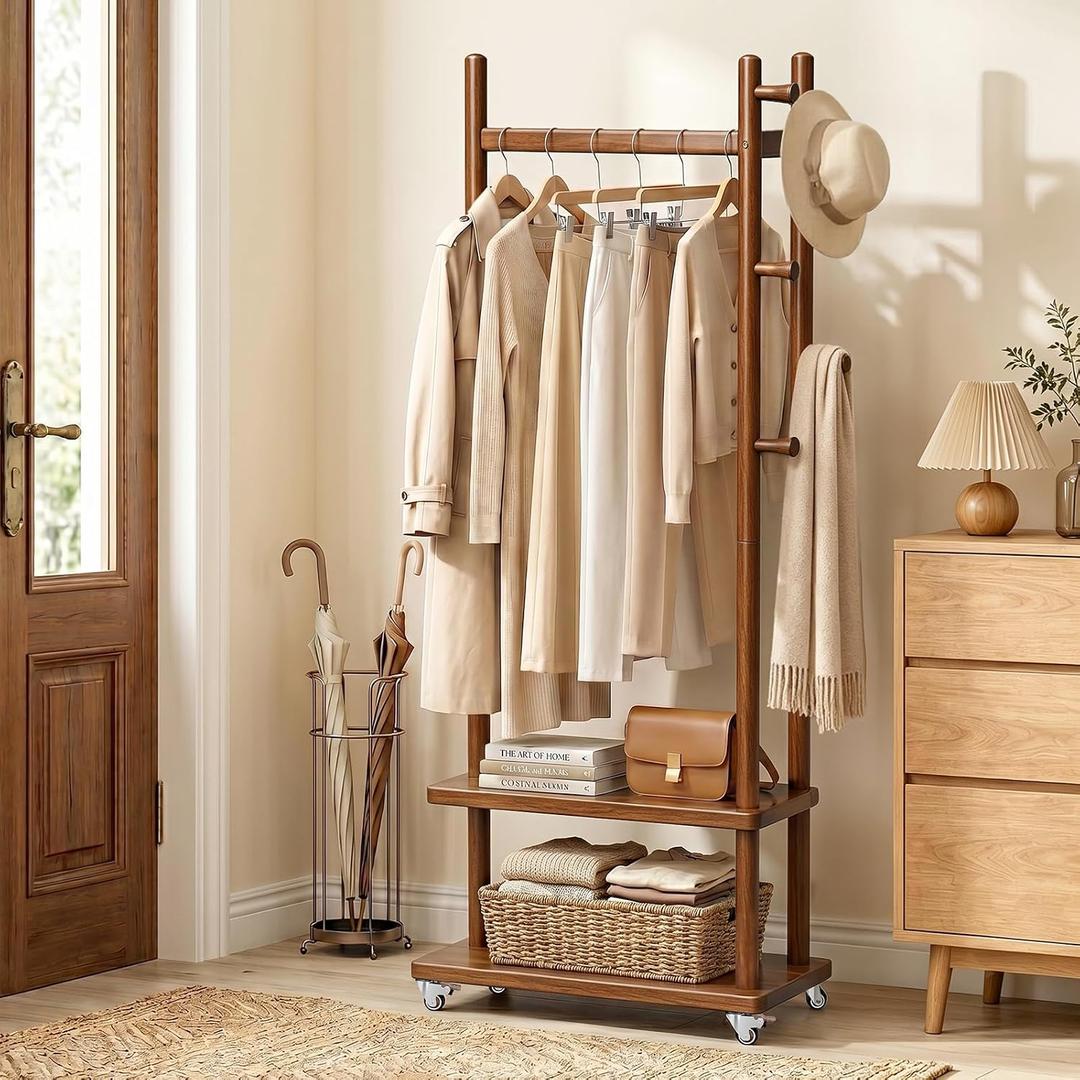 Taitiy Coat Rack Solid Wood Stand Storage 2 Shelves 4 Hooks Entryway